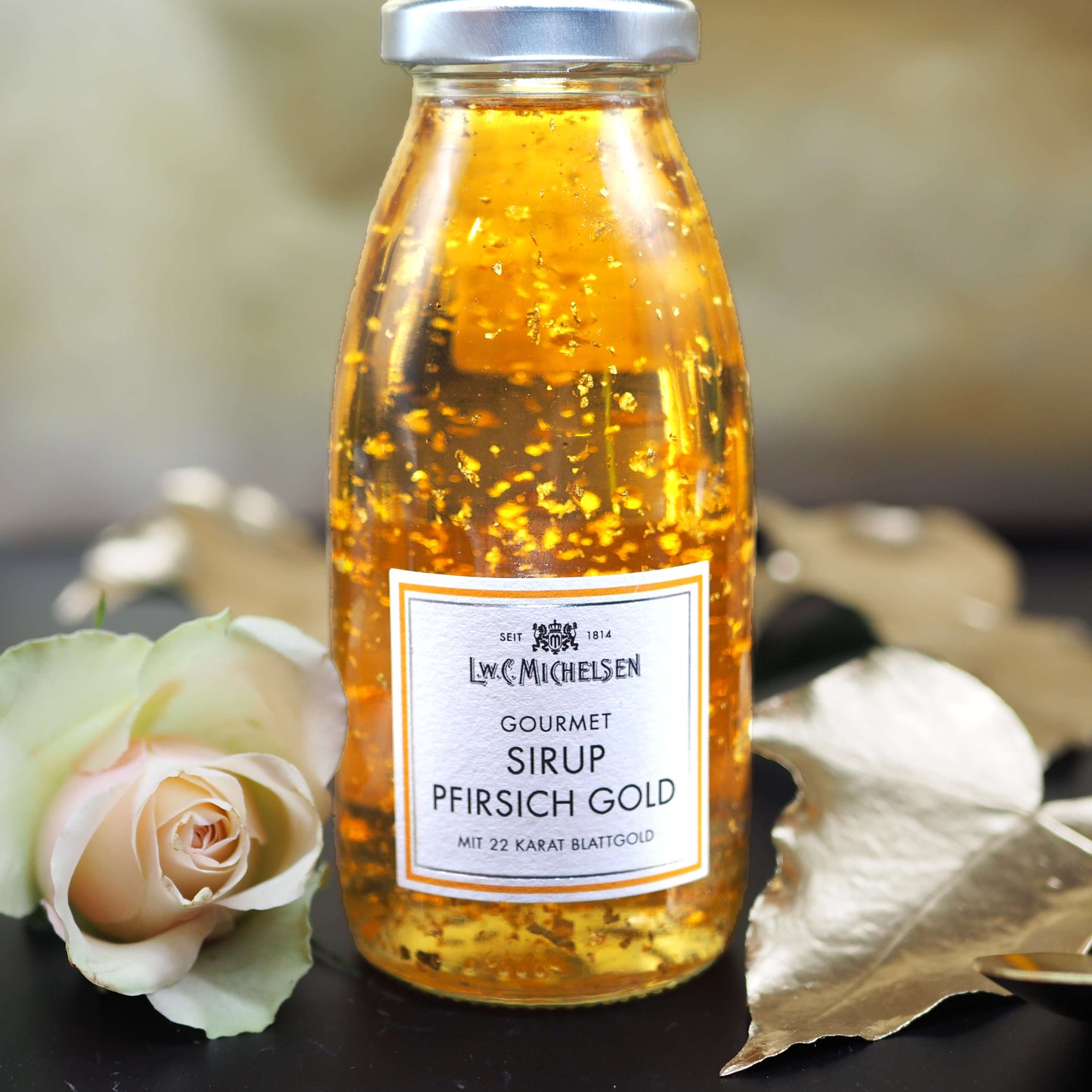 Pfirsich-Gold-Sirup 22 Karat Blattgold Cocktails Valentinstag Michelsen