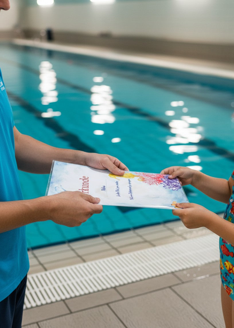 moppenstedt Schwimm-Urkunde mit Clownfisch-Motiv wird von einem Schwimmlehrer an ein Kind am Beckenrand überreicht