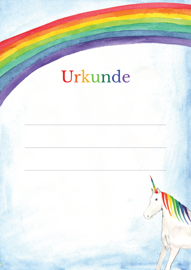 Regenbogen-Einhorn-Urkunde für Kinder, A4 bedruckbar, 160g, nachhaltig