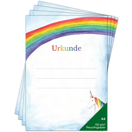Regenbogen-Einhorn-Urkunde für Kinder, A4 bedruckbar, 160g, nachhaltig