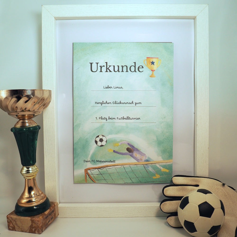 moppenstedt Fußball-Urkunde A4 im Rahmen mit Pokal und Ball als Auszeichnung für Kinder bei Turnieren