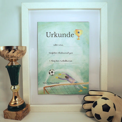moppenstedt Fußball-Urkunde A4 im Rahmen mit Pokal und Ball als Auszeichnung für Kinder bei Turnieren