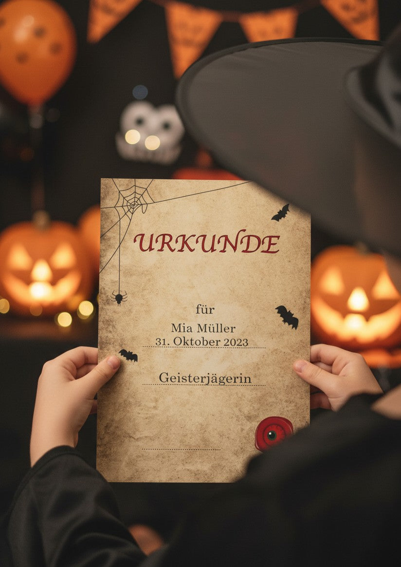 moppenstedt Halloween-Urkunde im Schatzkarten-Design aus Recyclingpapier in den Händen eines Kindes mit Hexenhut