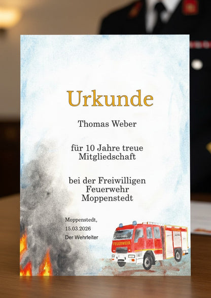 moppenstedt Kinderurkunde Feuerwehr mit Feuerwehrauto Illustration auf hochwertigem Papier für kleine Lebensretter