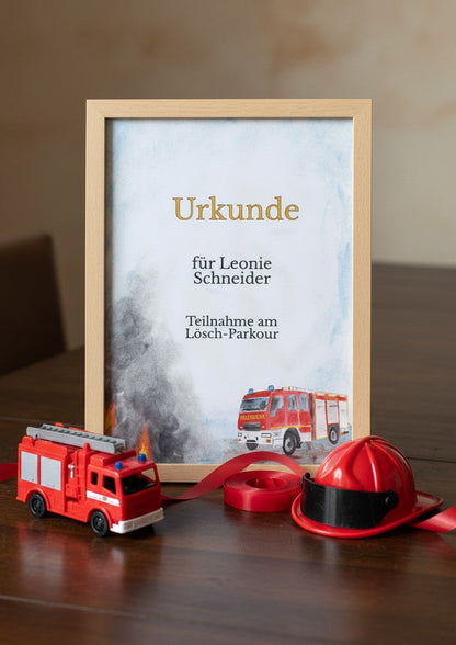 moppenstedt Kinderurkunde Feuerwehr mit Feuerwehrauto-Motiv in Holzrahmen, dekoriert mit Spielzeug-Feuerwehrauto
