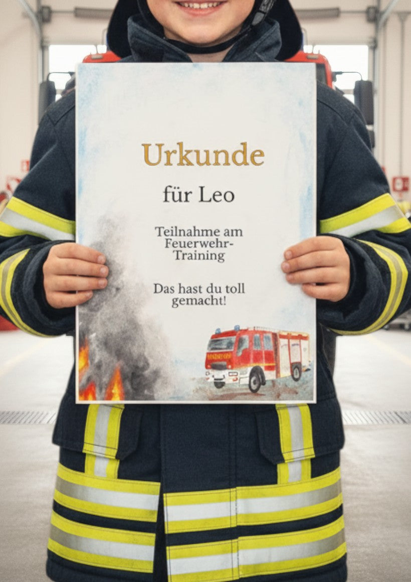 Ein Kind in Feuerwehruniform und Helm hält eine moppenstedt Kinderurkunde mit Feuerwehrauto-Motiv in die Kamera.