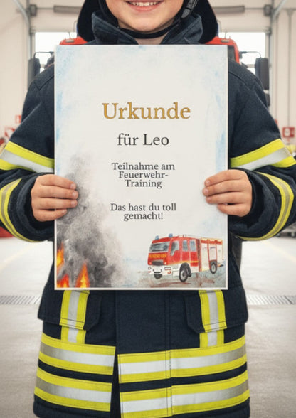 Ein Kind in Feuerwehruniform und Helm hält eine moppenstedt Kinderurkunde mit Feuerwehrauto-Motiv in die Kamera.