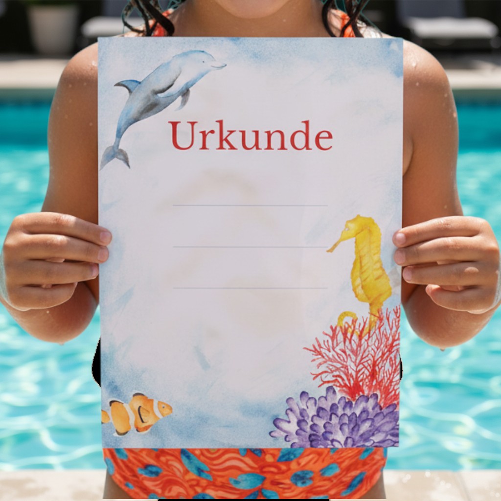 moppenstedt Schwimm-Urkunde für Kinder mit Delphin, Seepferdchen und Clownfisch Motiv auf nachhaltigem Papier