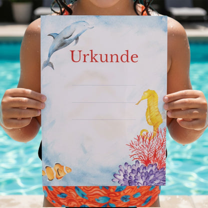 moppenstedt Schwimm-Urkunde für Kinder mit Delphin, Seepferdchen und Clownfisch Motiv auf nachhaltigem Papier
