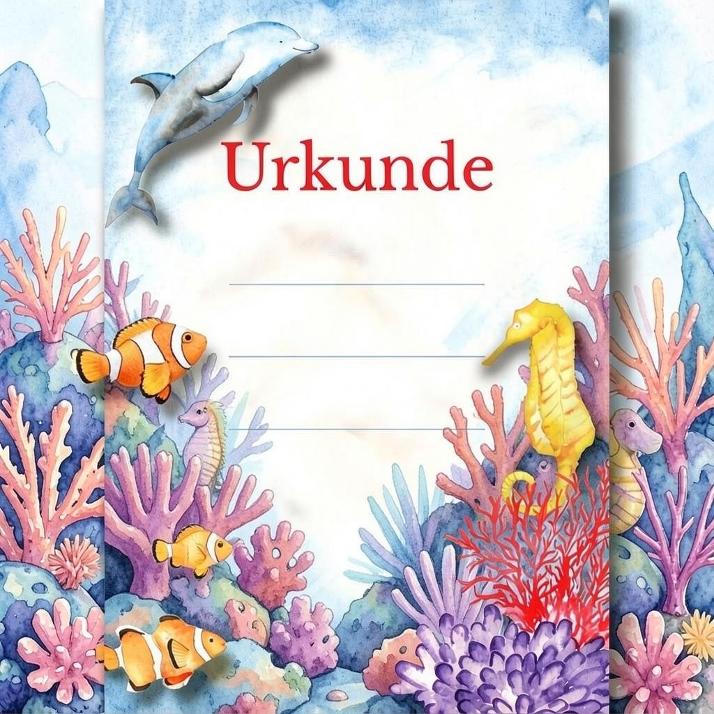 moppenstedt Schwimm-Urkunde für Kinder im A4-Format mit bunten Unterwasser-Illustrationen von Delfin und Clownfisch