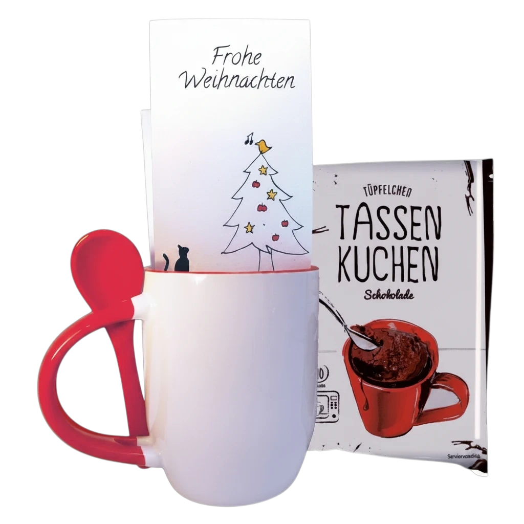moppenstedt Tassenkuchen-Geschenkset mit weiß-roter Tasse, Löffel, Schokoladen-Backmischung und Weihnachtskarte