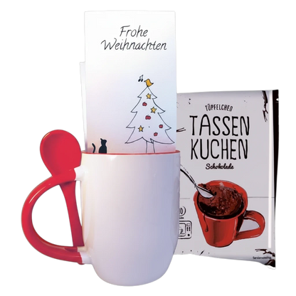 moppenstedt Tassenkuchen-Geschenkset mit weiß-roter Tasse, Löffel, Schokoladen-Backmischung und Weihnachtskarte