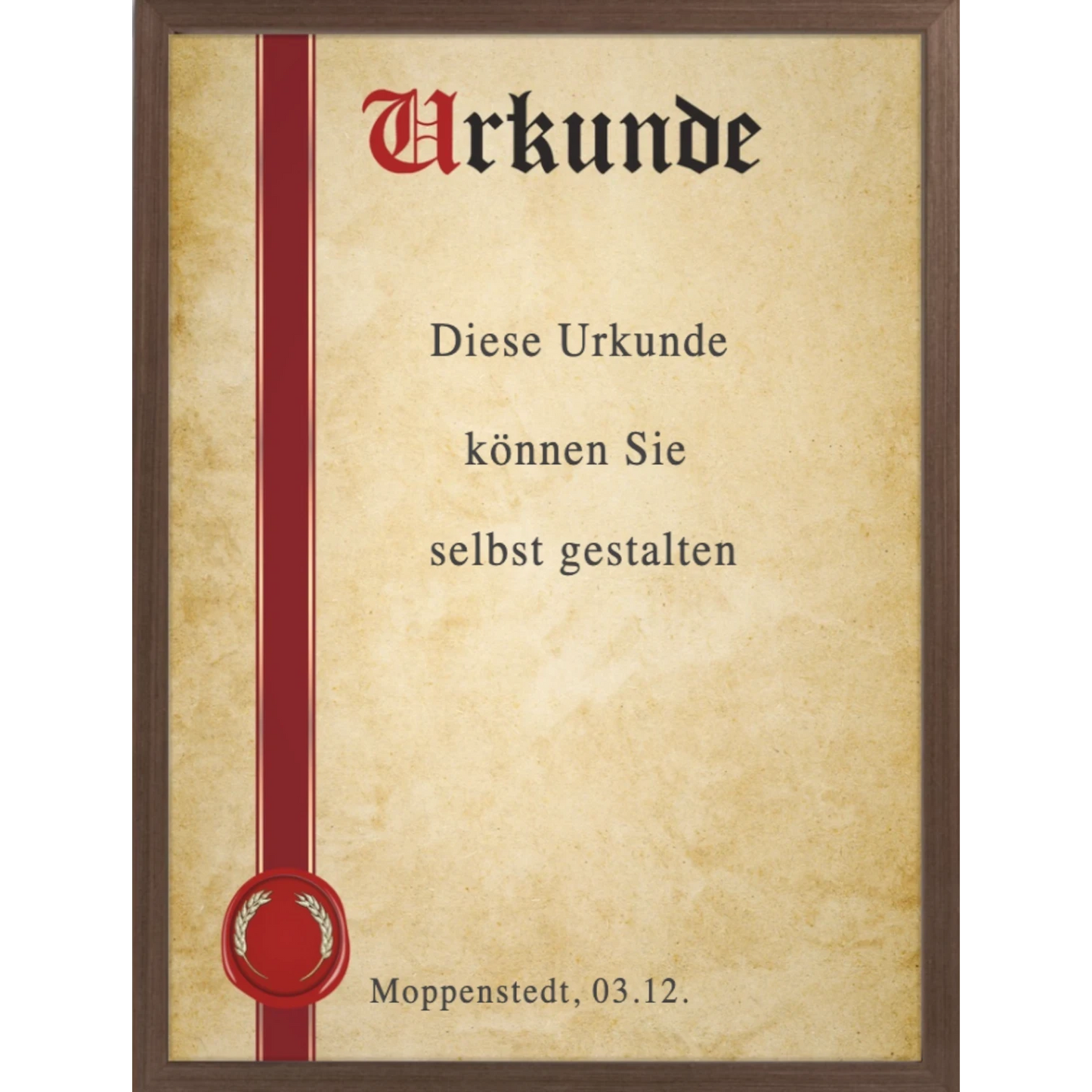 moppenstedt Urkunde im A4-Format mit klassischem Ähren-Siegel, rotem Band und hochwertigem Holzrahmen