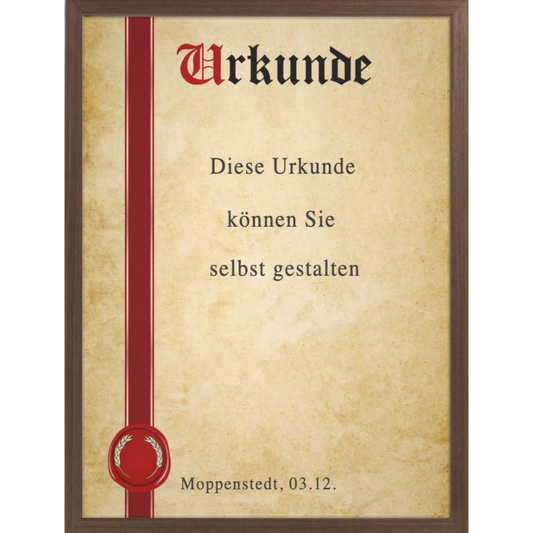moppenstedt Urkunde im A4-Format mit klassischem Ähren-Siegel, rotem Band und hochwertigem Holzrahmen