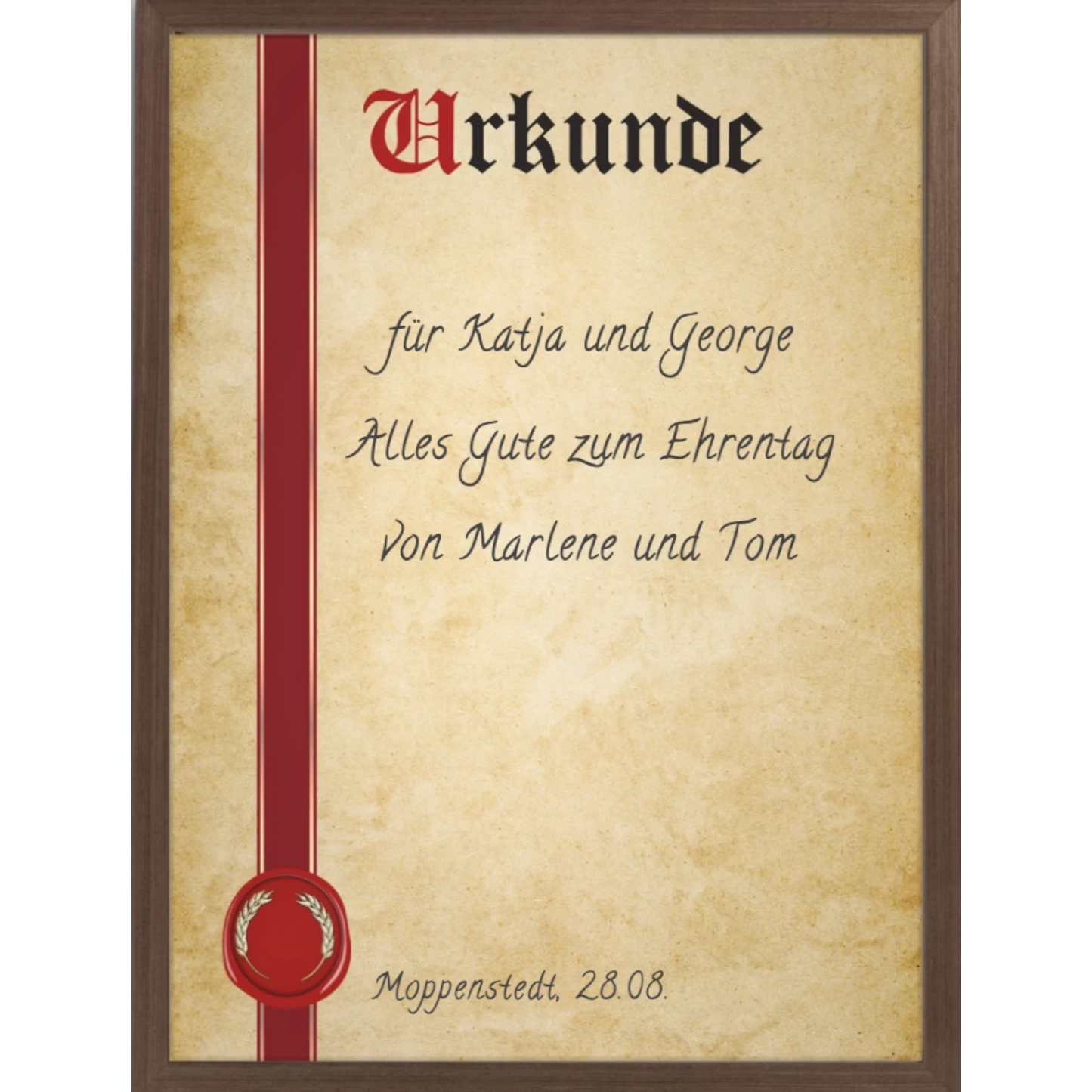 moppenstedt Urkunde im A4 Format mit klassischem Pergament-Design, rotem Siegel und elegantem dunklem Holzrahmen