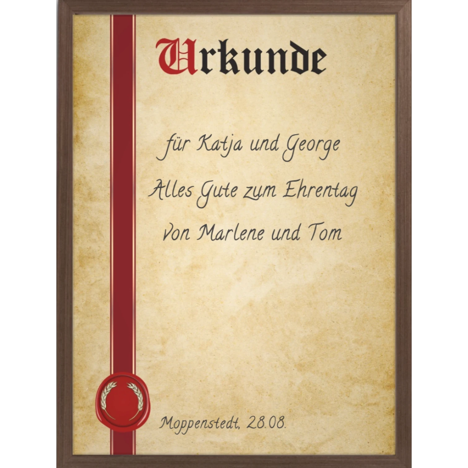 moppenstedt Urkunde im A4 Format mit klassischem Pergament-Design, rotem Siegel und elegantem dunklem Holzrahmen