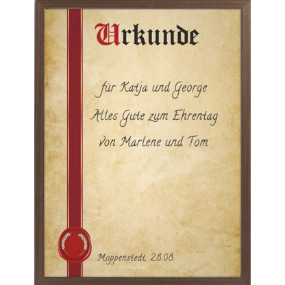moppenstedt Urkunde im A4 Format mit klassischem Pergament-Design, rotem Siegel und elegantem dunklem Holzrahmen