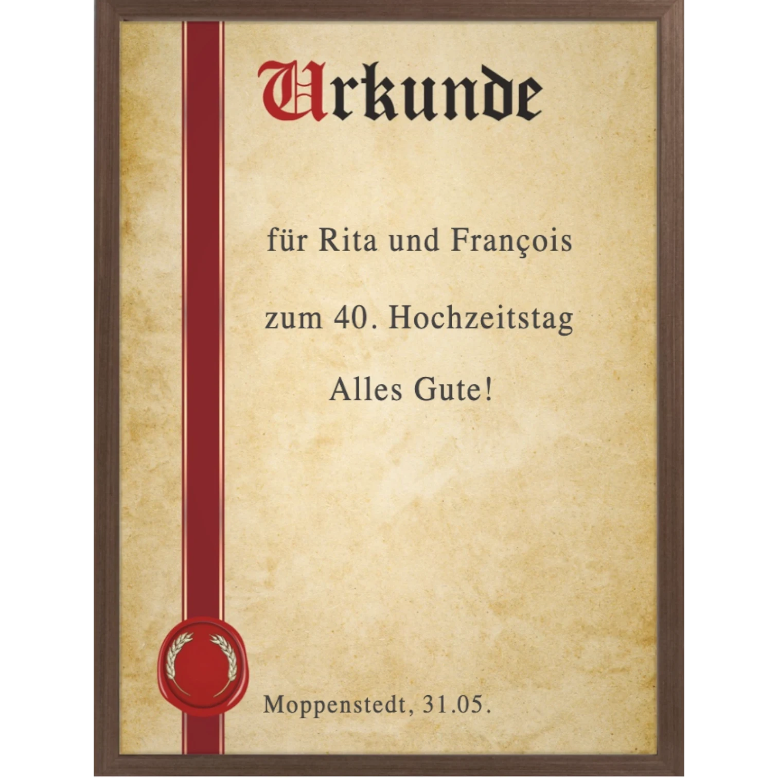 moppenstedt Urkunde im A4-Format mit klassischem Pergament-Design, rotem Siegel und hochwertigem Holzrahmen