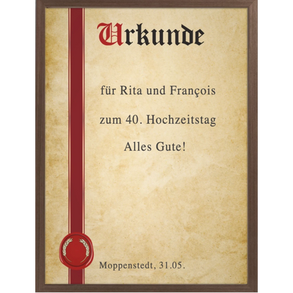 moppenstedt Urkunde im A4-Format mit klassischem Pergament-Design, rotem Siegel und hochwertigem Holzrahmen