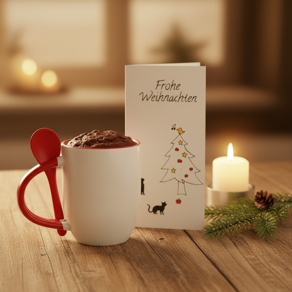 moppenstedt Geschenkset mit Tassenkuchen, weißer Tasse mit rotem Löffel, Frohe Weihnachten Karte und Kerze auf Tisch