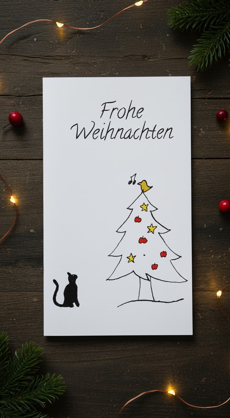 moppenstedt Frohe Weihnachten Grußkarte mit handgezeichnetem Weihnachtsbaum, Katze und Vogel auf Holzhintergrund