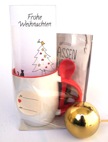 Geschenkset „Frohe Weihnachten" – Tasse, Tassenkuchen & Karte in der Geschenktüte