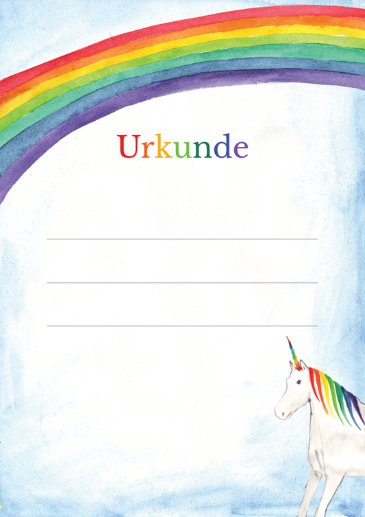 Regenbogen-Einhorn-Urkunde für Kinder, A4 bedruckbar, 160g, nachhaltig